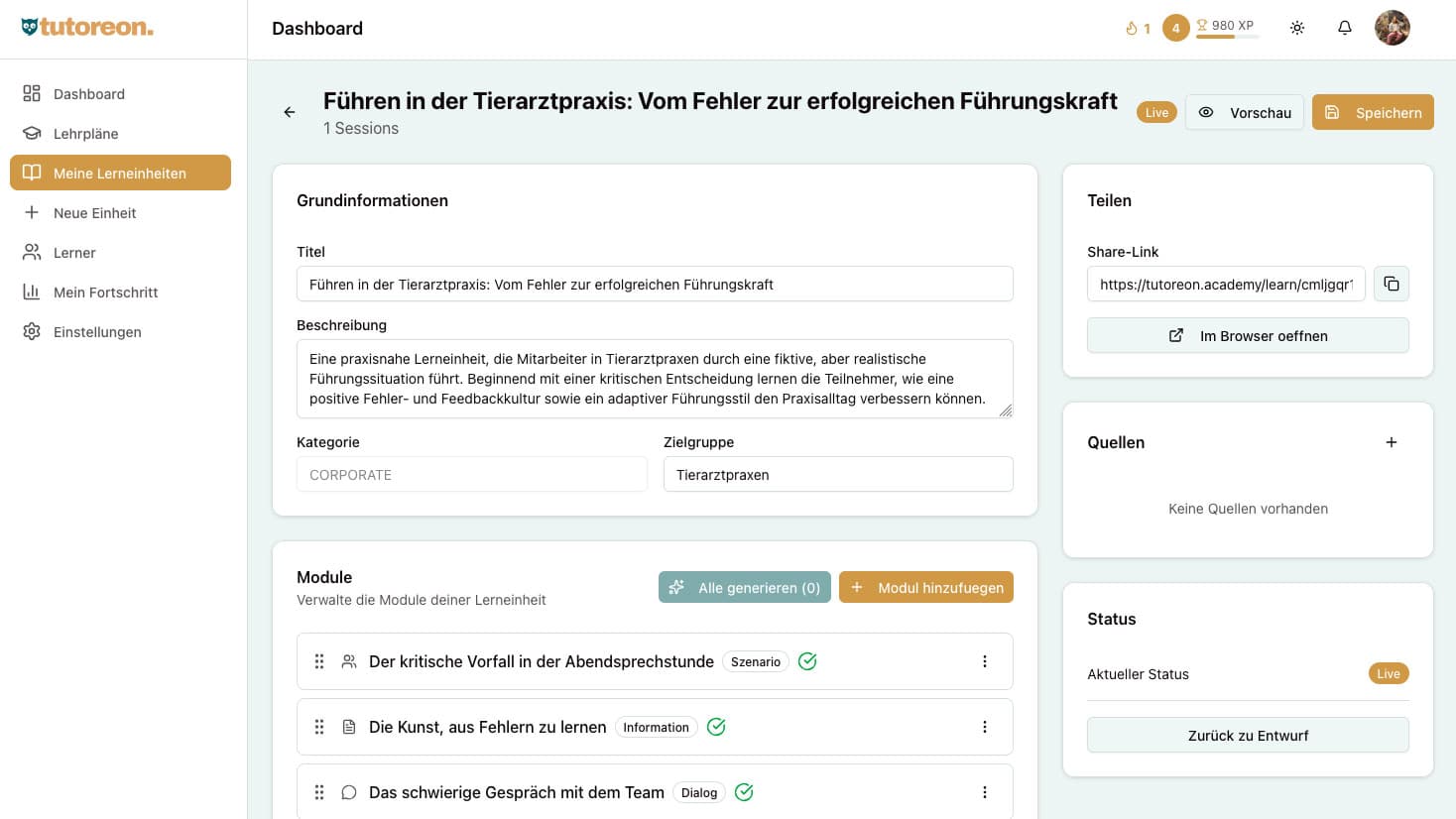 tutoreon App – Trainer-Ansicht mit Lerneinheiten und Modulen