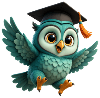 Tuwi in a mortarboard, the character from Clicky Bird